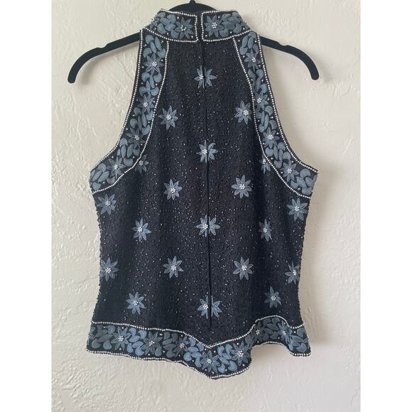 VTG All Over Floral Beaded Modest Asymmetric Hem Sleeveless Top NYE Elegant Y2K - Picture 2 of 12